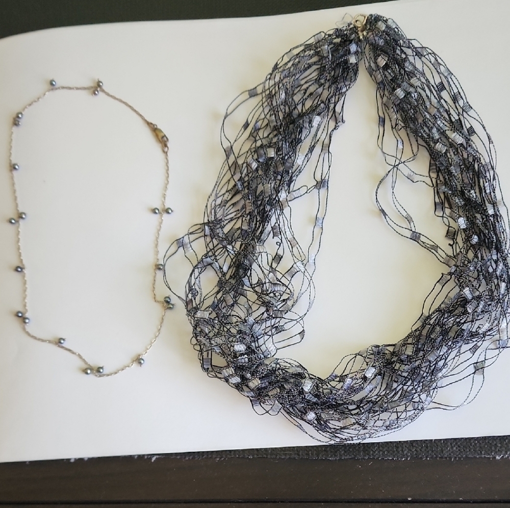 Silver and Black Layered Necklace with Multi-Strand Design
